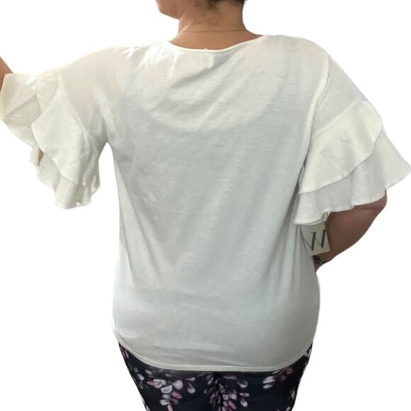 Worthington (M) Ruffle Short Bell Sleeve Split V Neck Blouse Tee Top Placket - Picture 6 of 12